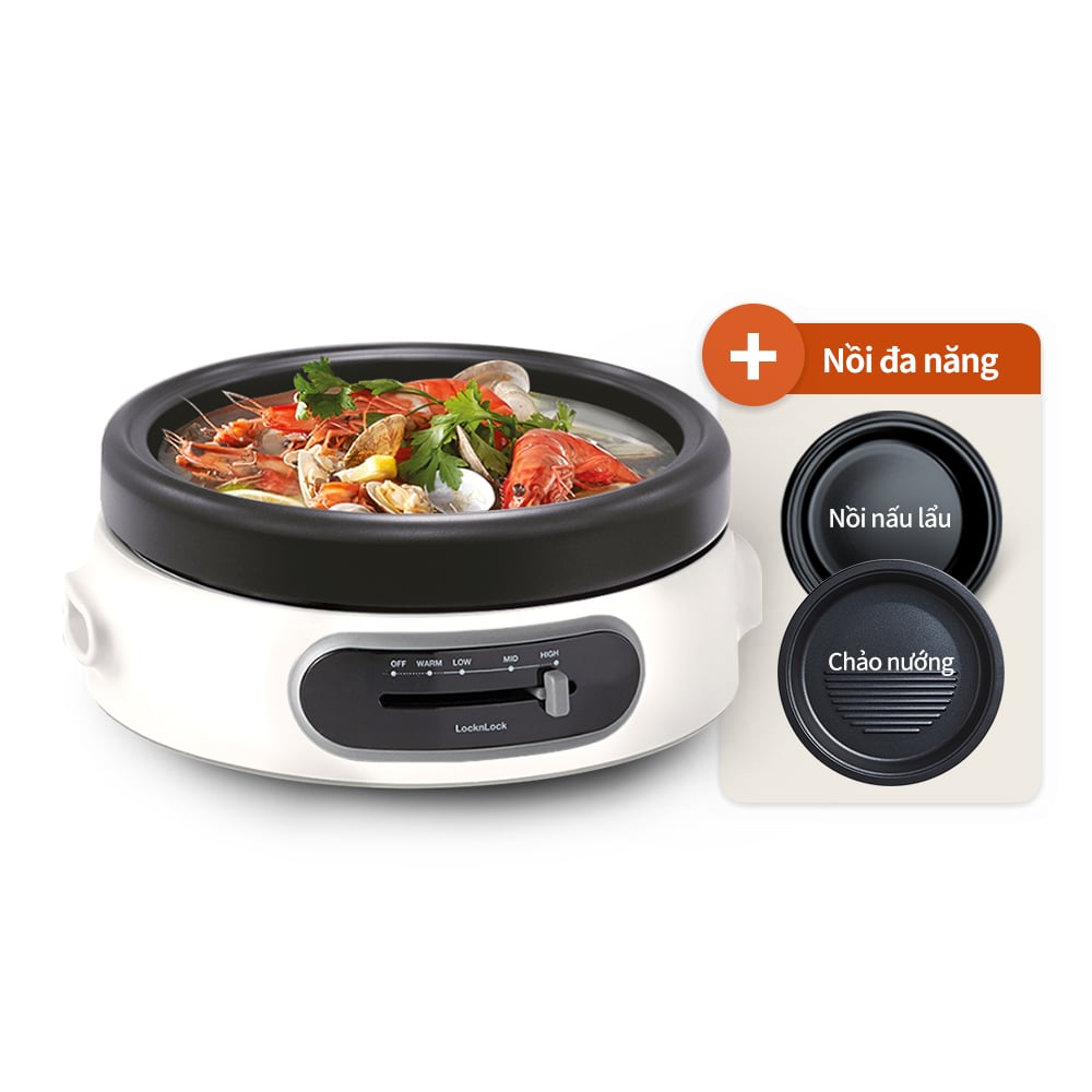 [Voucher 10% tối đa 300k] NồI ĐiệN Đa Năng Locknlock Multi Cooker 220 - 240V, 50/60Hz, 1300 - 1500W, 4L - Màu Trắng - EJP544WHT